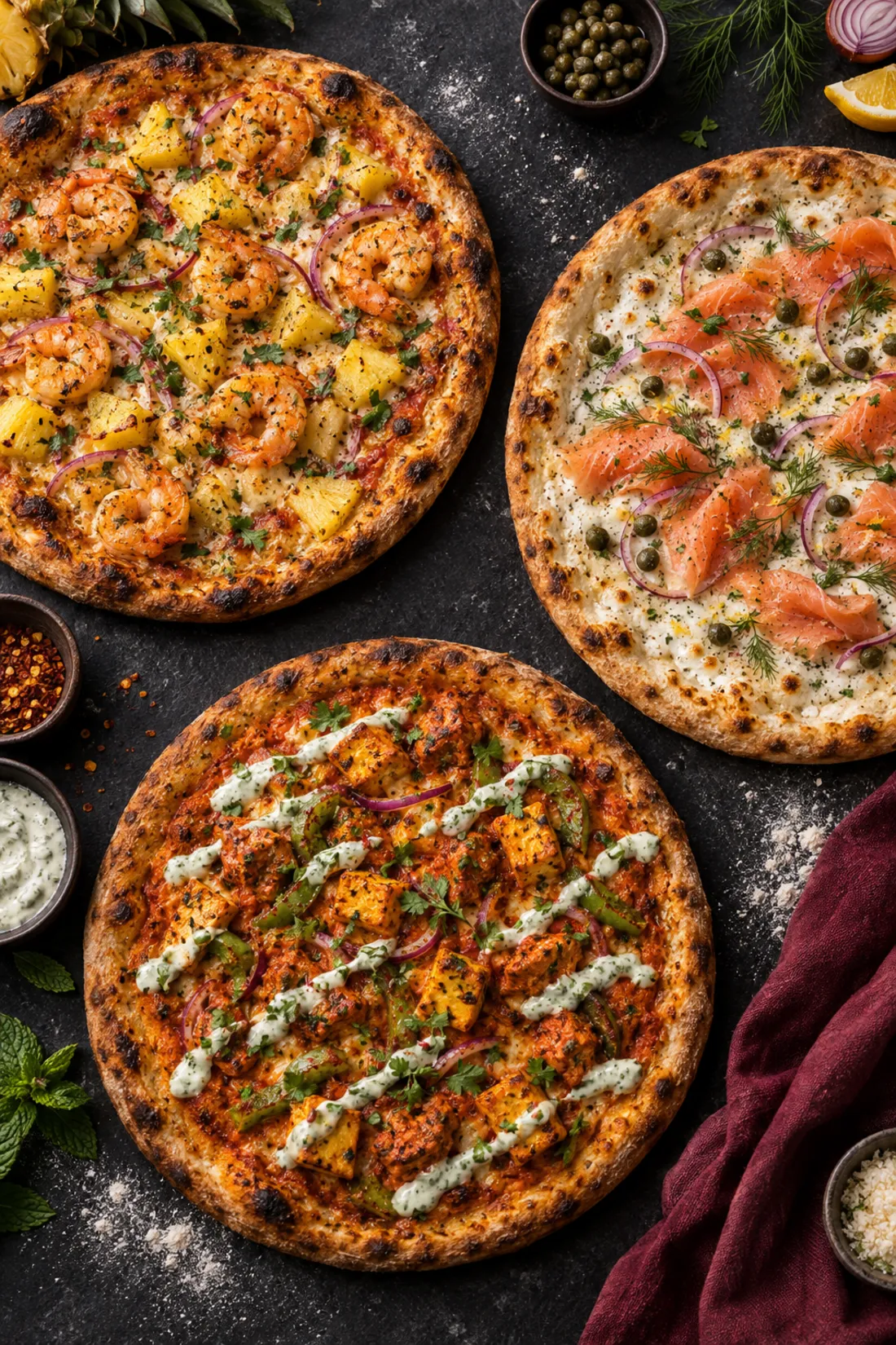 Three signature pizzas: shrimp and pineapple, garlic smoked salmon, and spicy makhani chicken